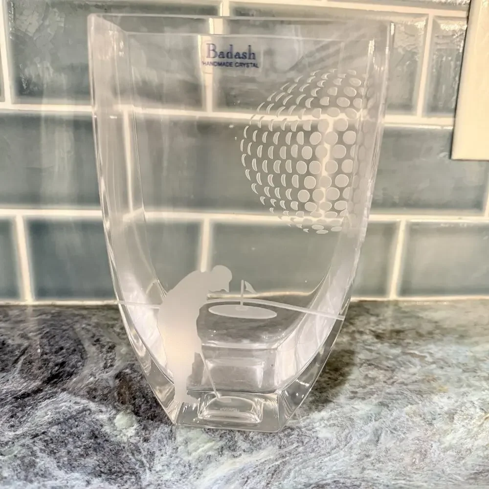 Badash Crystal Golf Vase 8” Tall Etched EUC